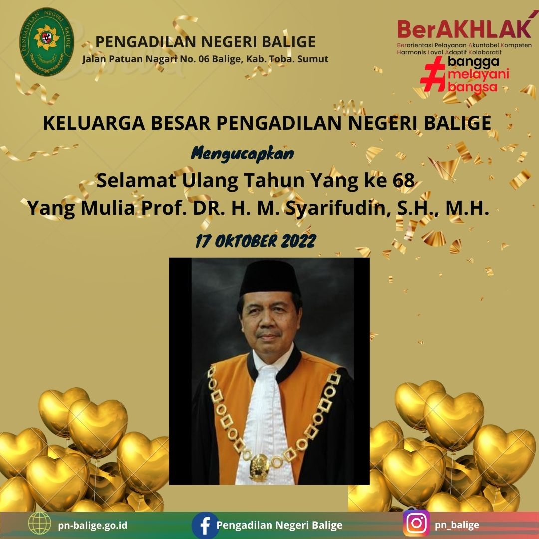 Selamat Ulang Tahun Yang ke 68  Yang Mulia Prof. DR. H. M. Syarifudin, S.H., M.H.